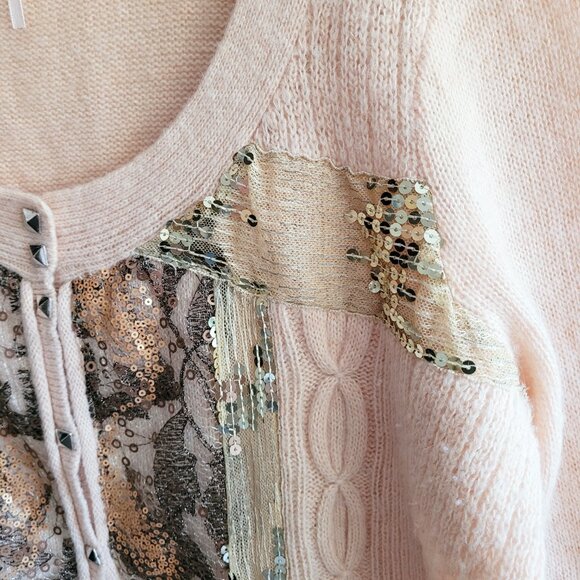 Free People Cardigan Sweater Womens Medium Peachy Pink Angora Blend Sequins - Picture 4 of 11